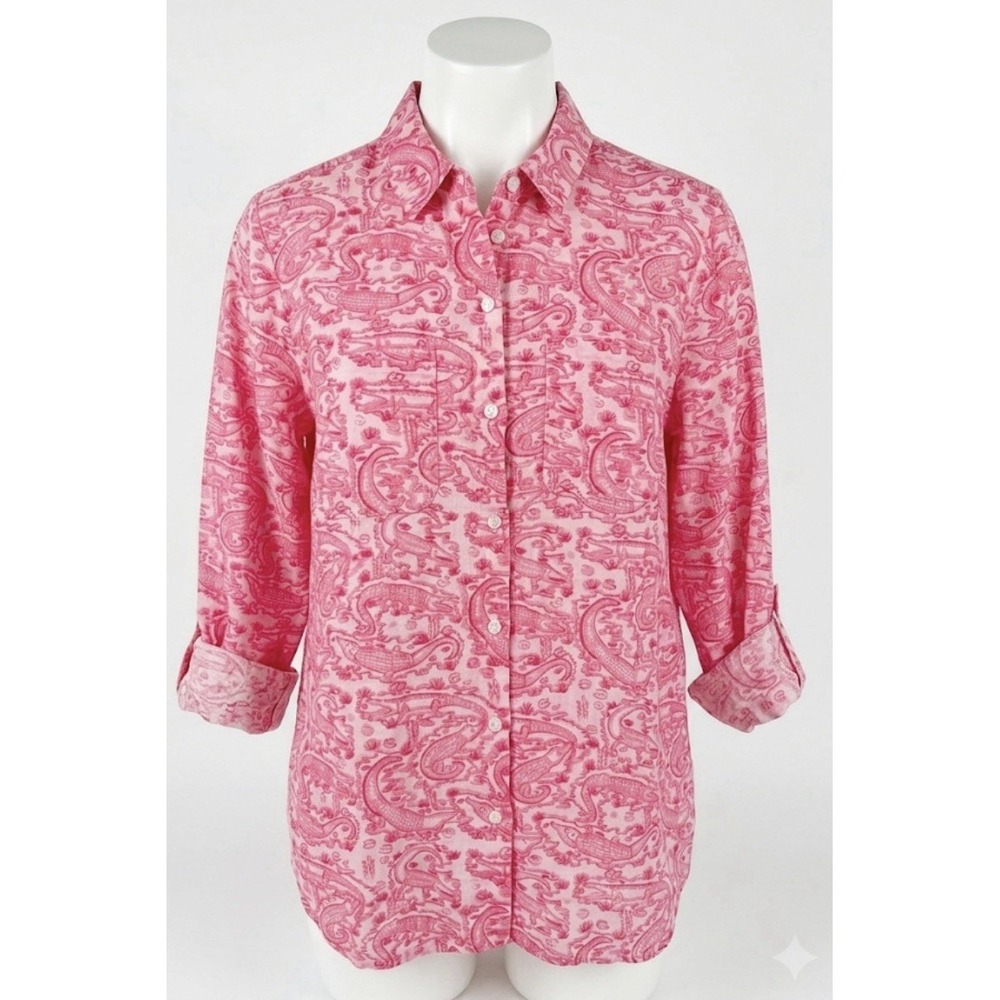 Charter Club Luxury Pink‎ Alligator Print Linen Blend Button Down Shirt M